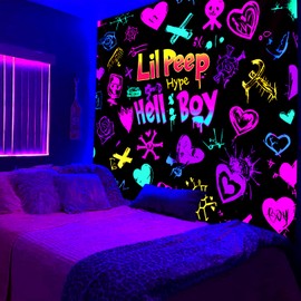 PSYHILAR Blacklight Lil Peep Tapestry for Bedroom, Hellboy Black Light Poster, Rapper Music UV Flag (80 x 60 Inches)