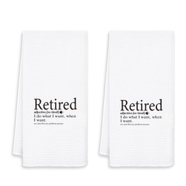 bitCNY Funny Retirement Kitchen Towel Set of 2 – “Retired Definition” Waffle Weave Dish Towel, White Cotton Hand Towel Gift for Retired Men or Women,12x24 Inches