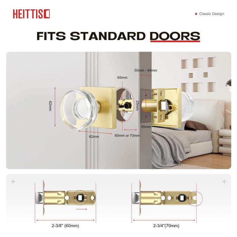 Heittis 2 Pack Gold Glass Door Knobs Interior,Round Interior Crystal
