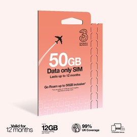 Three PAYG Mobile Broadband SIM, Pre-loaded with 50GB of Data that Lasts up to 12 Months