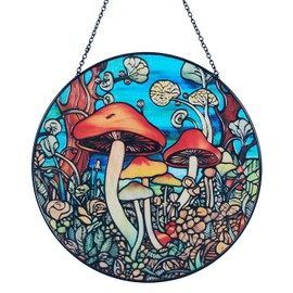 Mushroom Suncatchers Stained Glass Suncatcher - Originally Designed 7.8'' Suncatchers for Sun Catchers Indoor Window | Gifts for Mushroom Lovers Painted Glass Panel Decor Themed Gift
