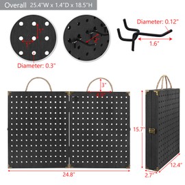 MOOCA Wooden Foldable and Portable 2 Panel Pegboard Jewelry Display Organizer with 48 Removable Black Metal Hooks & Convenient Rope Handle for Easy Carrying, Dual-Sided Panels for Hanging, Black Color