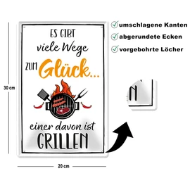schilderkreis24 Tin Sign Funny Grill Saying "Es gibt viele Wege zum Glück" Decorative BBQ Gift Idea Man Woman 20 x 30 cm