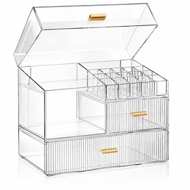 Organizador de Maquillaje Acrílico Premium con Tapa y Cajones, Gran Capacidad, Transparente con Jaladeras Doradas, para Skincare, Cosméticos, Tocador 