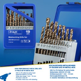 S&R Metal Drill Set 1.0-10 mm, 19 pcs, DIN 338, HSS COBALT, cobalt alloy, C-cut to DIN 1412 135 °, ground, in a metal box. Professional quality