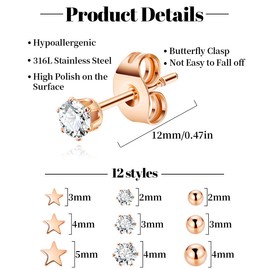 SOMEITIA 9Pairs 20G 316L Stainless Steel Stud Earrings Set for Women Tiny Stud Earrings Star Ball CZ Stud Earrings Cartilage Helix Tragus Stud Earrings for Multiple Piercing Rose Gold