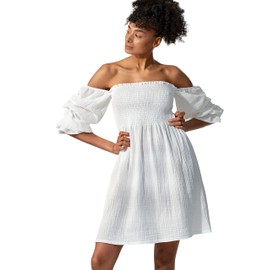 NOTHING FITS BUT Niko Dress, Rectangle Neck Smocked Casual Summer Dresses for Women, Soft Muslin Puffed Sleeve Printed Floral Cotton Dress (White, L/XL)