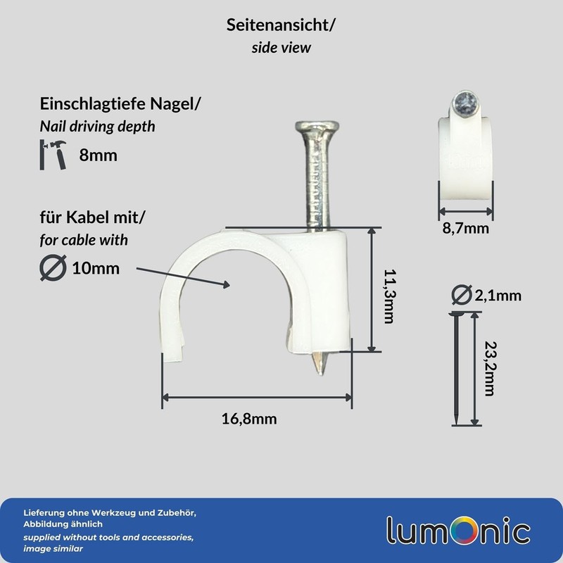 Lumonic 100 x Nail Clamps 10 mm for Cable White