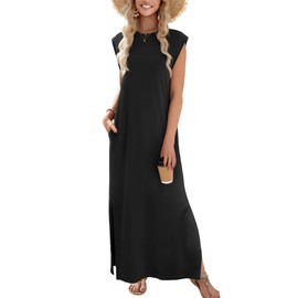 Zeagoo Black Maxi Dress Sleeveless Sun Dresses Beach Crew Neck Long Split Dresses with Pockets Summer Dress for Women 2025 Vacation Black L