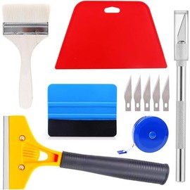 11 Pcs Papel Tapiz Juego de Herramientas, Kit para Colgar Papel Tapiz y Vinilos, Herramienta para Alisar Papel Tapiz con Pincel, Raspador de Papel Tapiz,Escobilla de Goma Roja y Cinta Métrica