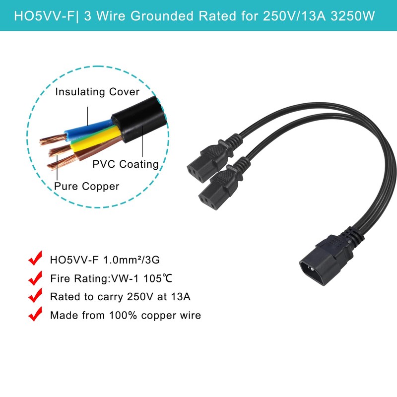 C14 to 2X C13 Y Splitter UPS Server Power Extension