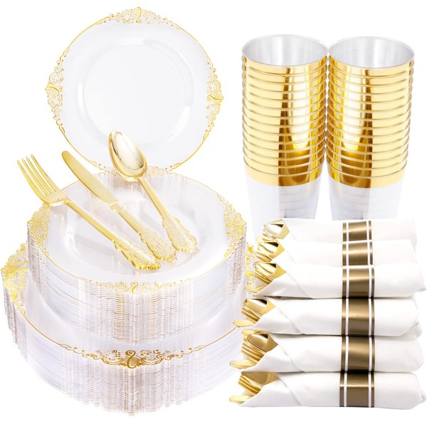 Hioasis 350PCS Clear Gold Disposable Plates for 50 Guests Include 50 Dinner Plates, 50 Salad Plates, 150 Gold Plastic Silverware, 50 Cups, 50 Rolled Napkins for Wedding & Party