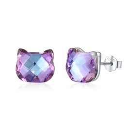 MOPOPOK Purple Crystal Cat Earrings 925 Sterling Silver Stud Earrings Cute Animal Stud Earrings Cat Jewelry Birthday Gift for Women