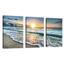 Canvas Wall Art Beach Sunset Ocean Waves Wall Decor 3 Pieces x 16" x 24" Modern Seascape Canvas Artwork Contemporary Nature Pictures Painting Giclee Prints Framed Ready to Hang for Home Decoration