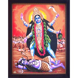 Handicraft Store Hindu Goddess Maa Kali Putting her Leg on Lord Shiva and Shiva Smiling, A Rare Hindu Religious Poster Painting with Worship