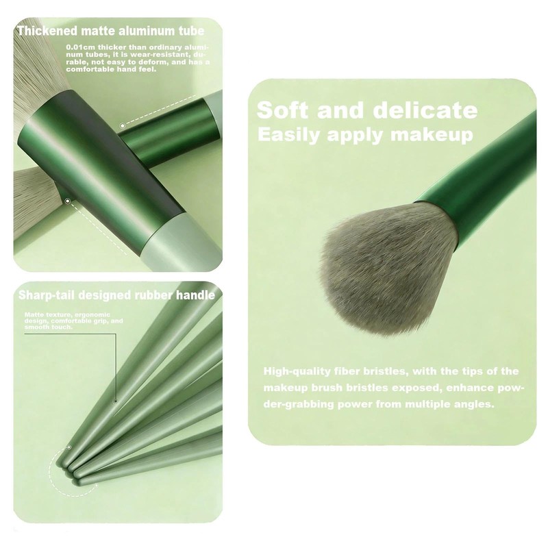 13 Piece Vegan Synthetic Makeup Brush Set No-Shed with Green