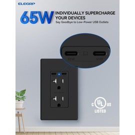 ELEGRP 65W Ultra-Speed USB C Outlet Receptacle for Laptop, 20 Amp Wall Outlet with USB C Ports, Tamper Resistant USB Outlet, Wall Plate Included, UL Listed, 2 Pack, Matte Black