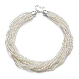 Flyonce 10 Layered Pearl Necklace for Women, Multi Strand Cream Simulated Pearl Bib Choker Collar Necklaces Costume Jewerly Statement Vintage 1920s Art Deco Gatsby Flapper Accessories Cosplay Party