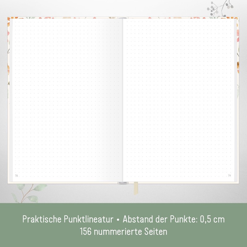paper&you® Bullet Journal Dotted A5 with Elastic Band "Wild Blossoms"
