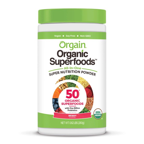 Orgain Organic Green Superfoods Powder, Berry - Antioxidants, 1 Billion Probiotics, Vegan, Dairy Free, Gluten Free, Kosher, Non-GMO, 0.62 Pound (Packaging May Vary)