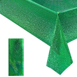 1 pcs Green Holographic Laser Tablecloth 40" x 108" Christmas Table Cloth Shimmer Shining Plastic Metallic Table Cover for Jungle Safari Wild One Baby Shower Birthday Party Decoration Supplies
