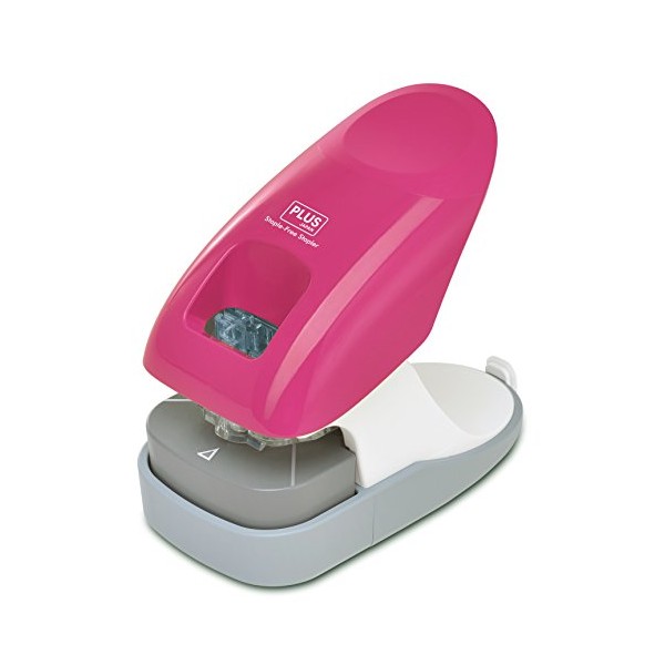 PLUS Japan, Staple-Free Stapler Desktop Model Pink, 10 Sheet Capacity, 1 Piece Pack (1 x 1 Stapler)