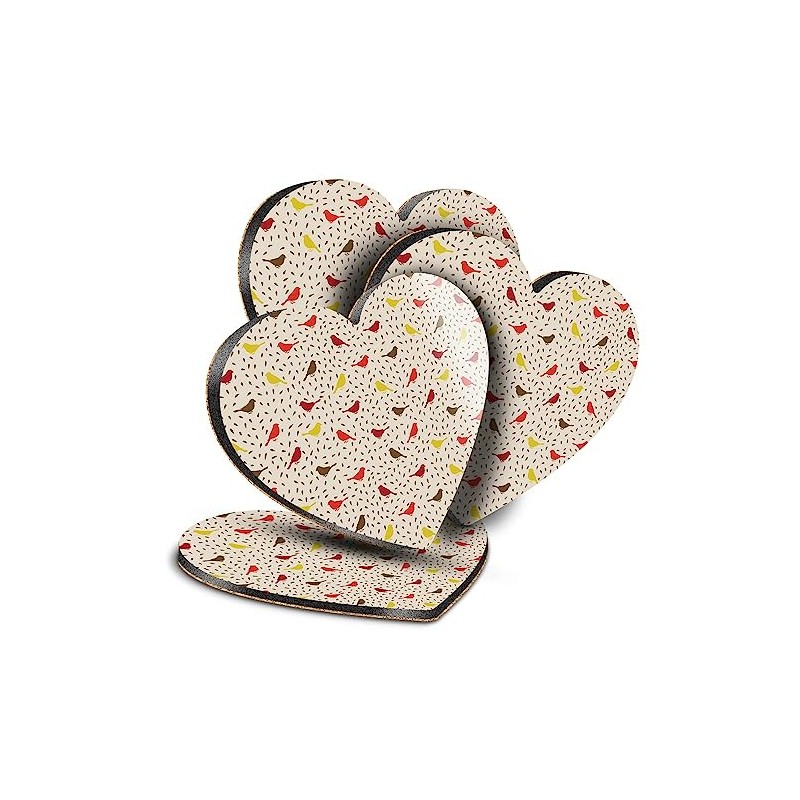 4 x Heart Coasters - Pretty Bird Pattern Red Yellow