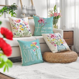WOKANI Spring Outdoor Throw Pillow Covers 20x20 Set of 2 Garden Flowers Farmhouse Patio Decorative Cushion Covers Home Decor Couch for Sofa Bedroom Livingroom, SkyBlue