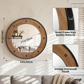 UPPER DECOR Rustic Round Wall Mirror 24 Inch, Natural Wood Frame with Black Metal Trim, Industrial Farmhouse Style Wall Mirror with Decorative Nailhead Accents for Bathroom, Living Room, or Entryway