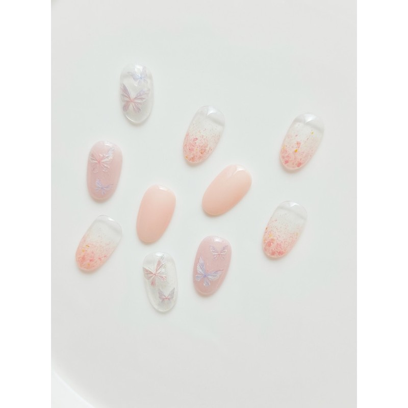 Butterfly nail glitter gradient handmade nail tip - Short Round