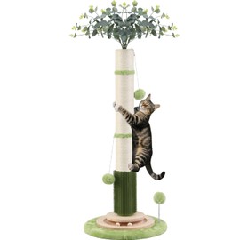 45'' Tall Cat Scratching Post,3.5Inch Diameter Sisal Rope Scratching Post for Indoor Cats Adults Kittens,Cat Scratcher with Interactive Ball Toys Self Groomer Brush for Large Cats