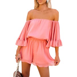 Fixmatti Women Rompers Casual Summer Off Shoulder Strapless Ruffle Shorts Jumpsuit Coral M