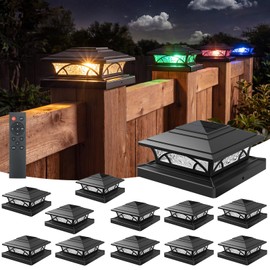 APONUO Solar Post Cap Lights Outdoor RGB Color Changing with Remote, Fits 4x4 5x5 Vinyl & 4x4 6x6 Wood Posts, IP65 Waterproof Fence Post Solar Lights for Deck Patio Yard (12 Pack Black)