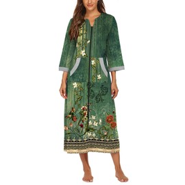 Ekouaer Robes for Women Zipper Robe 3/4 Sleeves Zip up Housecoat Loungewear Full Length Sleepwear Pockets Long Bathrobe