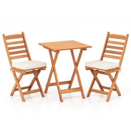 RELAX4LIFE 3-Piece Acacia Wood Bistro Set, Folding Outdoor Table and Chairs for 2 with Seat Cushions, Patio Chairs & Square Coffee Table for Garden Backyard Porch Balcony, Wooden Patio Furniture Set