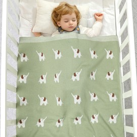 LAWKUL Baby Blankets for Newborn 100% Cotton Knitted Elephant Soft Blanket Airy for Boy Girl Green, Pram/Mose Basket(90x70cm)