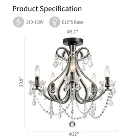 WUZUPS 5-Light Crystal Candle Chandelier Flushmount Ceiling Light Modern Lighting Fixture for Bedroom Hallway Bar Kitchen Bathroom, H 20.9" W 22", E12 Base, Black