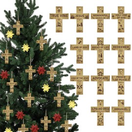 Syhood 36 Pcs Names of Jesus Christmas Ornaments Names of God Wood Hanging Ornaments with Savior Advent Religious Tree Decorations, 12 Styles