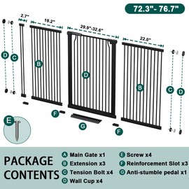 Fairy Baby 40.5" Extra Tall Baby Gate, 72.3"-76.7" Extra Wide Large Dog Pet Gate Indoor, Long Safety Child Gate for Stairs No Drill, Metal Auto Close Puppy Gate for House Doorway Walk Through, Black
