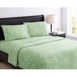 SL SPIRIT LINEN HOME EST. 1988 - Queen Sheet Set, Super Soft Microfiber Bedding, Elegant Foliage Design & Ideal for All Seasons (Queen, Green/White)