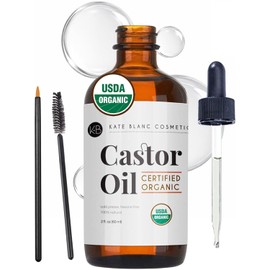 Castor Oil (2oz), USDA Certified Organic, 100% Pure, Cold Pressed, Hexane Free by Kate Blanc. Stimulate Growth for Eyelashes, Eyebrows, & Hair. Skin Moisturizer. FREE Starter Kit. 1-Year Guarantee.