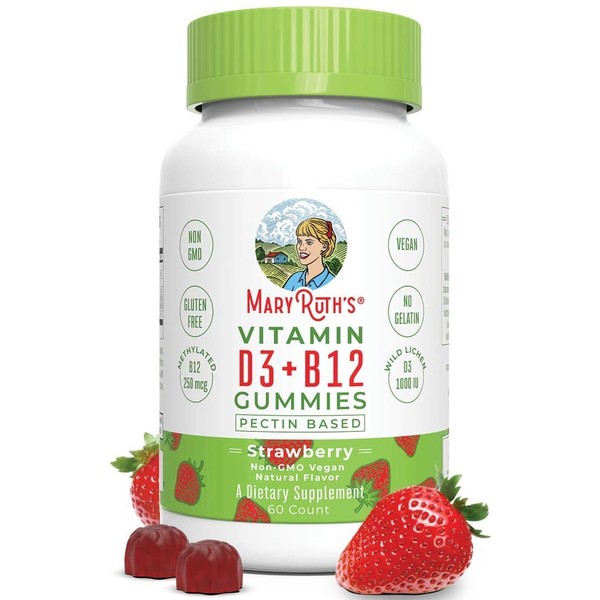 Vegan Vitamin D3+B12 Gummy (Plant-Based Gummies) by MaryRuth's - Made w/Organic Ingredients Non-GMO Vegan Paleo Gluten Free for Men, Women & Kids 1000 IU Vitamin D3 & 250 mcg Vitamin B12 60 Count