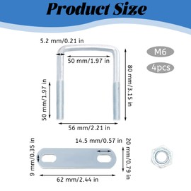 Vordpe Pack of 4 U-bolts, M6 50 x 80 mm U bracket with thread, frame plate, square U bolts for fence attachment, pipe attachment, car towing