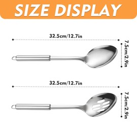 2 Pack Stainless Steel Cooking Spoon Set, Round Heat Resistant Handle Large Cooking Spoon Stainless Steel Kitchen Utensils Set for Frying, Mixing, Serving, Draining, Turning and Stirring