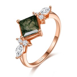 Angol Natural Moss Agate Ring 925 Sterling Silver Rose Gold Engagement Promise Ring for Women Jewelry Gifts (10, Rose Gold)