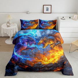 Erosebridal Monster Bedding Full Magic Dragon Comforter Set for Boys Kids Men, Magical Wildlife Animal Print Duvet Insert Lightning Fire Anime Quilt Comforter, Monster Theme Bedding Comforters & Sets