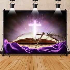 ZARROUEA 7x5ft Purple Jesus Christ Cross Photography Backdrop Glowing Crucifix Opened Bible Book Backdrop Crucifix Crown of Thorns Jesus Background Holy Religious Decor Photo Booth Studio Prop Vinyl