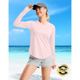 Women's UPF50+ Sun Protection Shirts with Zip Pocket Long Sleeve Workout Tops for Swimming Hiking Quick Dry Rash Guard(Pink, S)