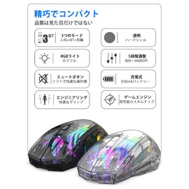 Docooler Wireless Gaming Mouse, Transparent Crystal Shell, 3 Modes (USB Wired + 2.4G Wireless + Bluetooth), 3600DPI Adjustable e Sports Mouse, Ergonomic RGB Silent Mouse - White/Black
