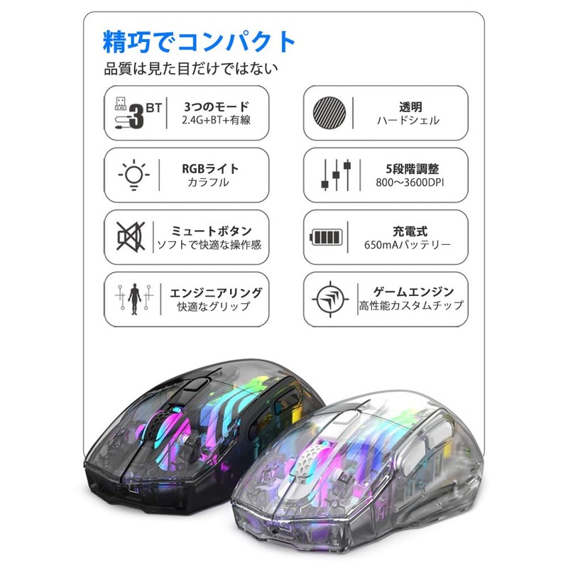 Docooler Wireless Gaming Mouse, Transparent Crystal Shell, 3 Modes (USB